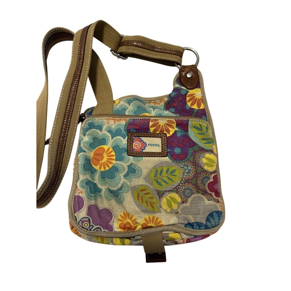 Fossil Canvas Crossbody Bag Floral Multi Color Boho Adjustable Strap Messenger - Picture 2 of 4